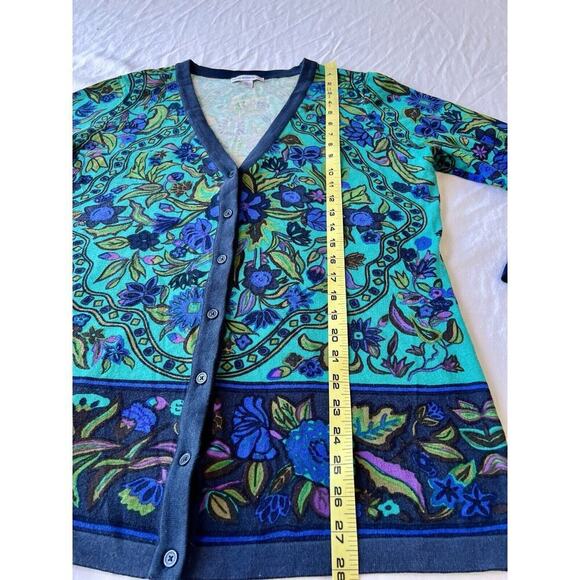 Isaac Mizrahi Sweater Button Up Longer Length Cardigan Floral Teal Blue SZ LG - Picture 5 of 6